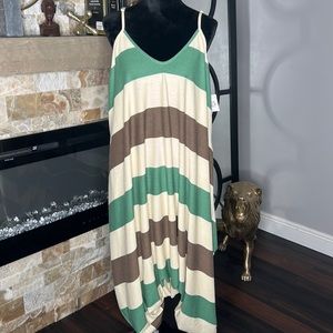 Striped Jumpsuit W/ pockets Beige,Green and Brown Sz  2XL